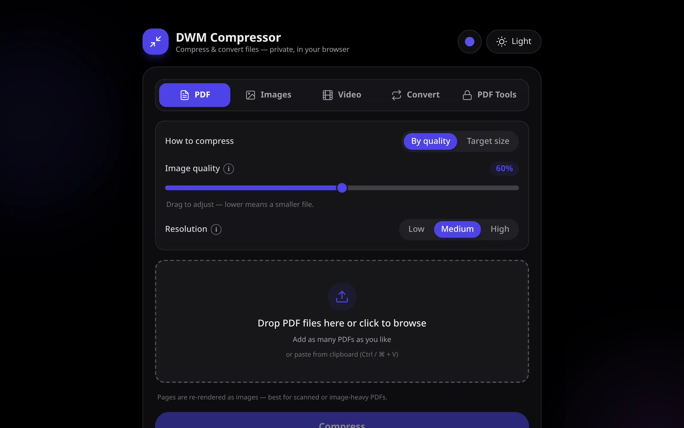 DWM Compressor PDF tab with quality slider and drop zone