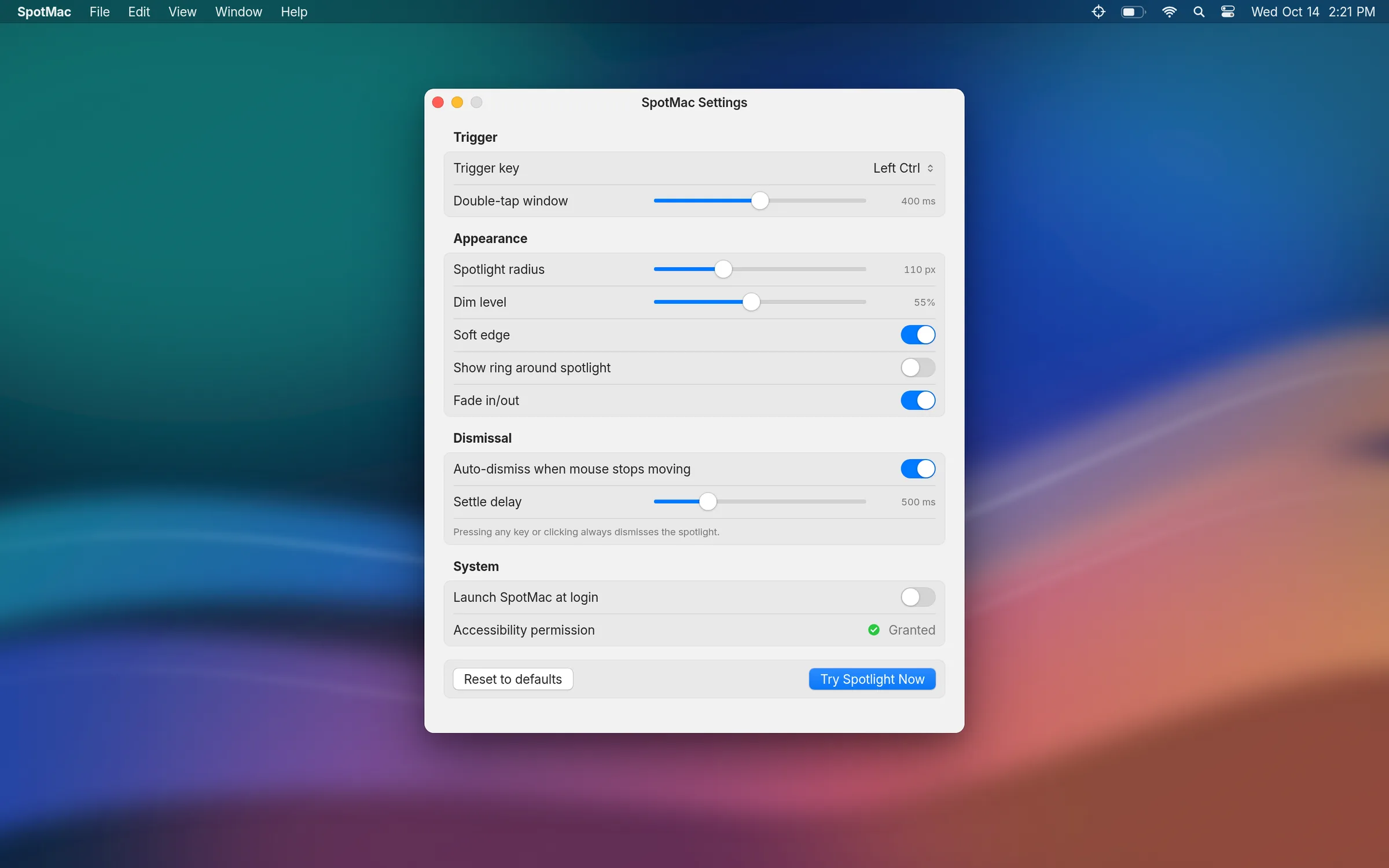 SpotMac settings window